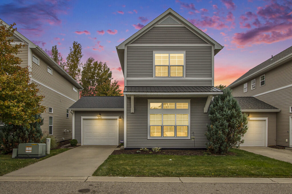 Modern suburban house at sunset