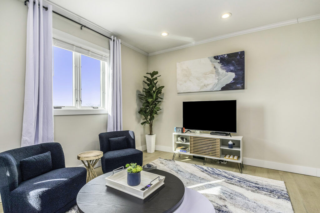 Modern living room with TV and blue chairs