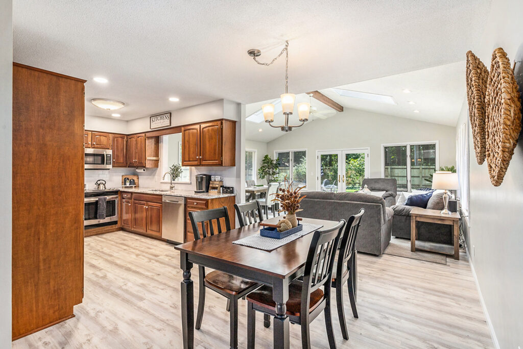 Modern kitchen and dining area with open living space
