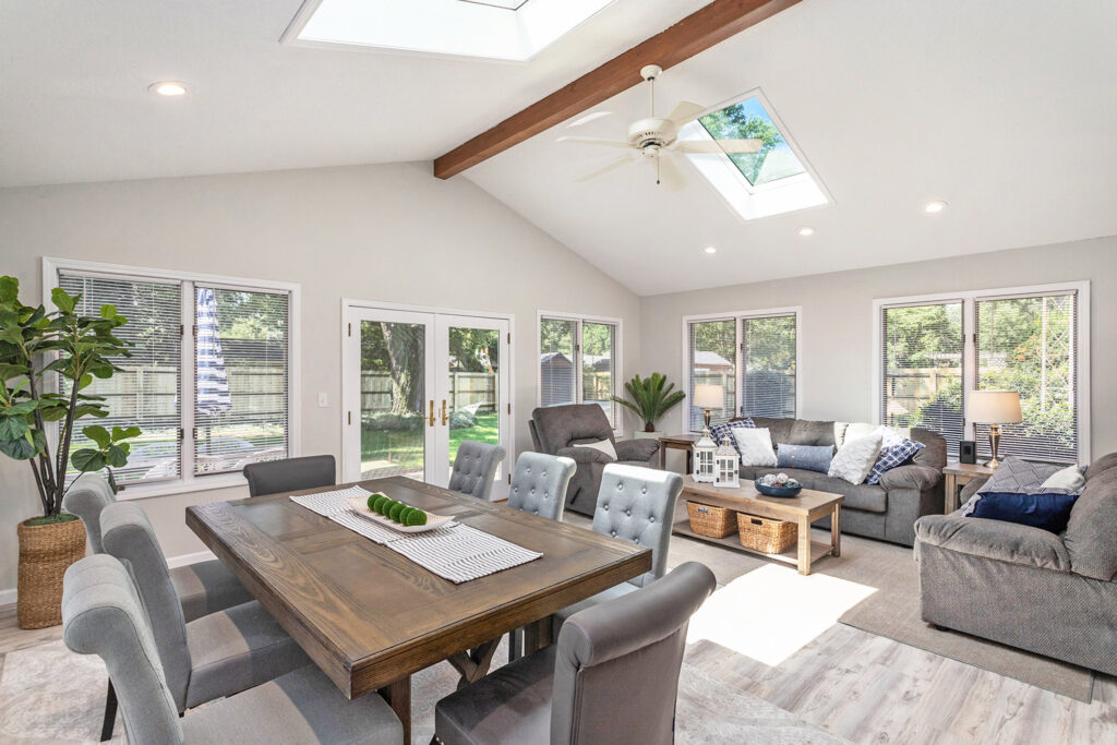 Bright open living and dining room interior