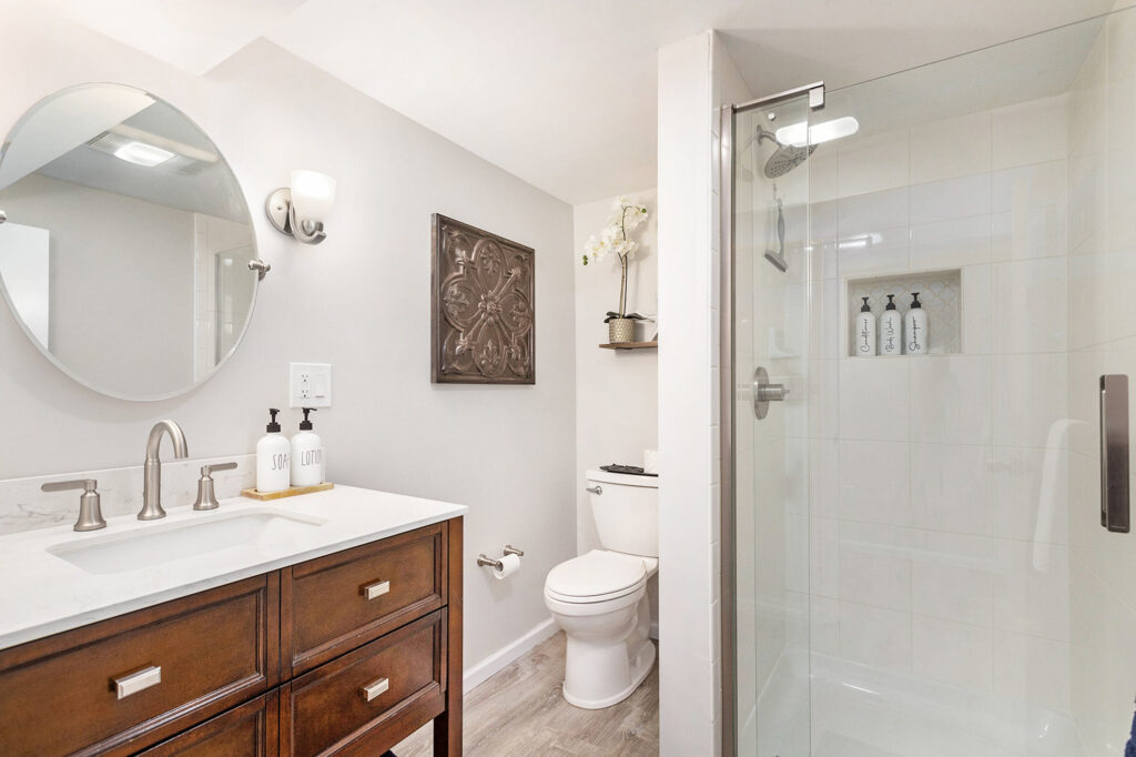 Modern bathroom with glass shower and vanity