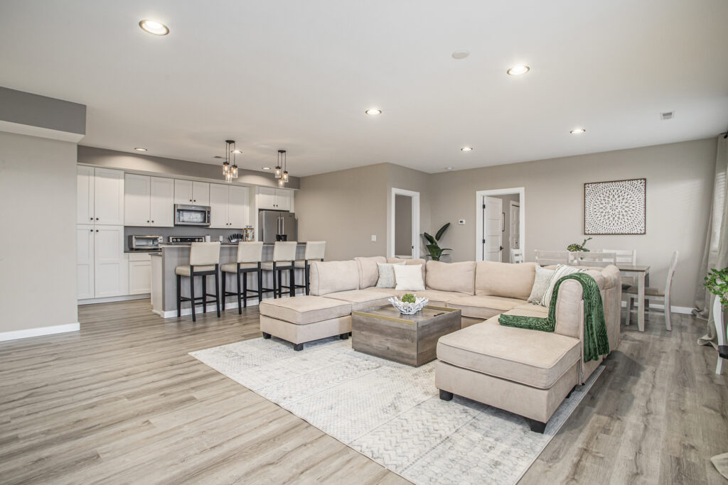 Modern open living room and kitchen design