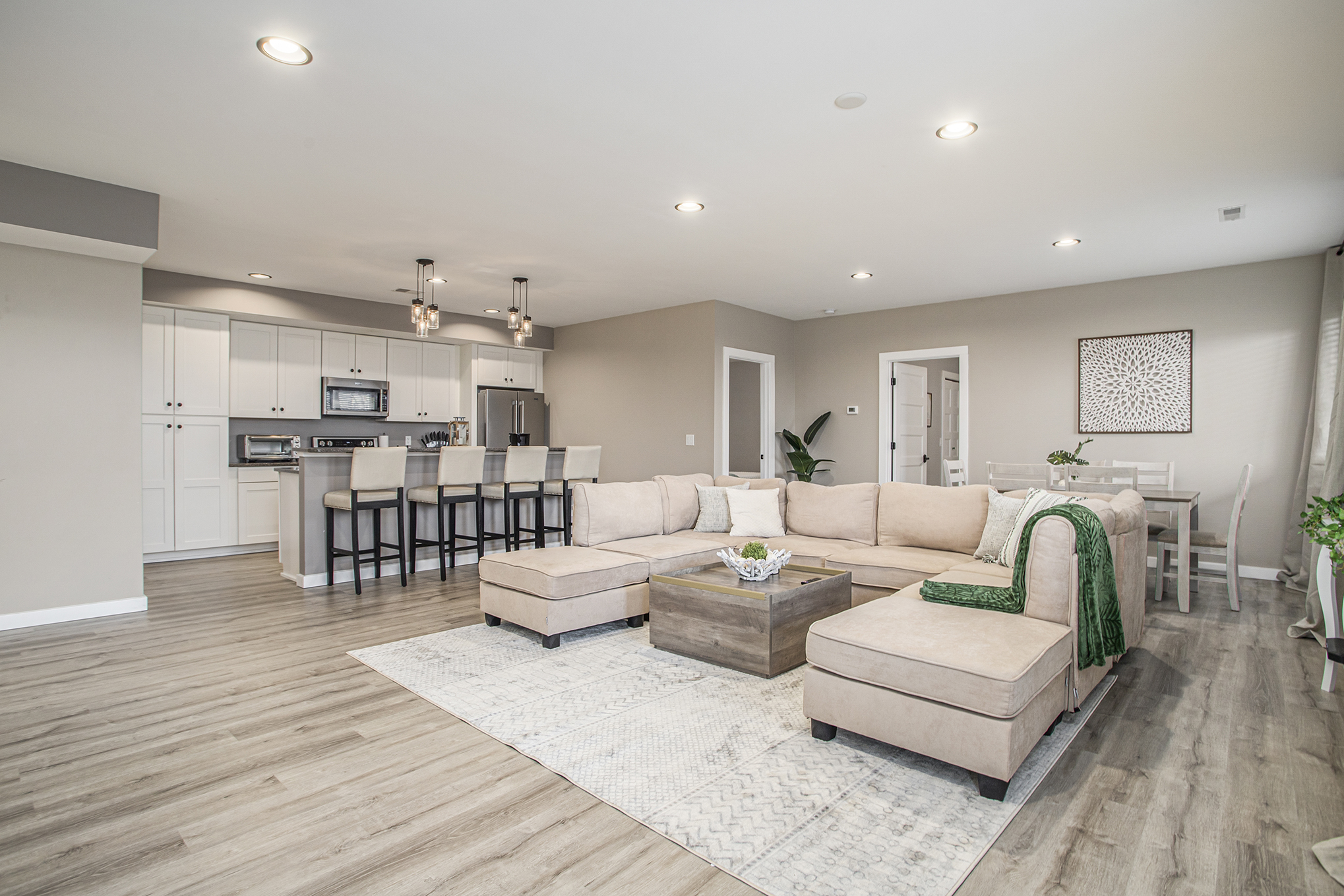 Modern open living room and kitchen design