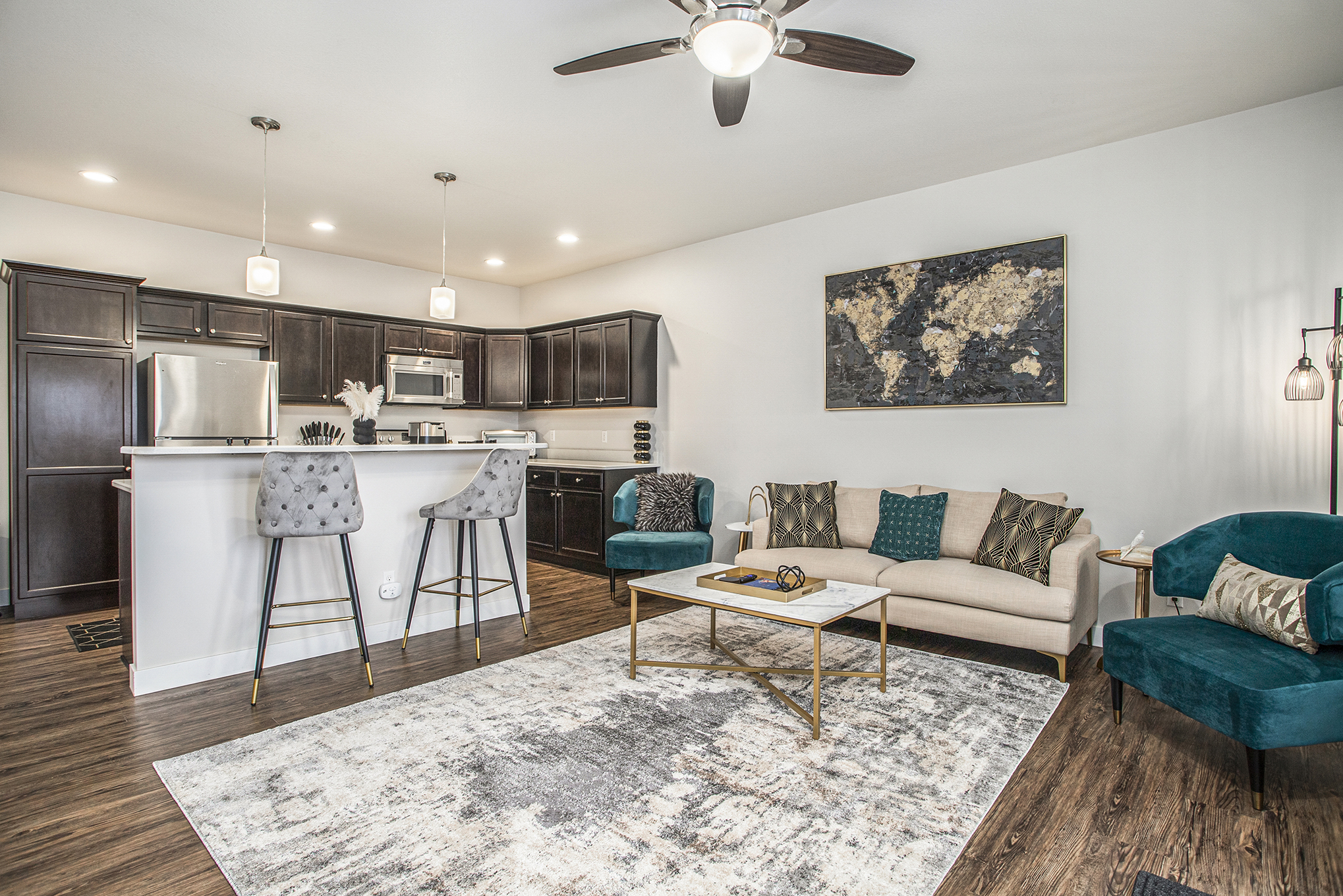 Modern living room with open kitchen design