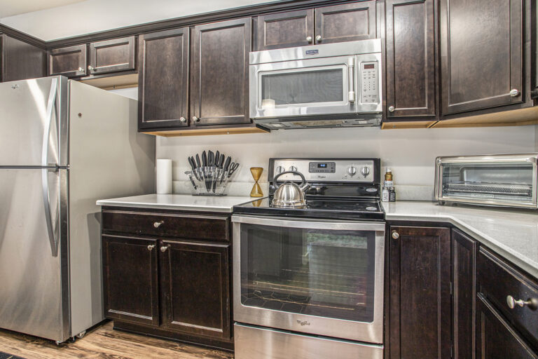 Modern kitchen with stainless steel appliances and dark cabinets