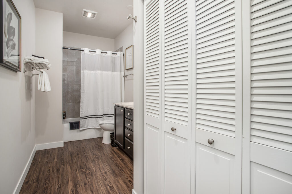 Modern bathroom with wood flooring and white decor