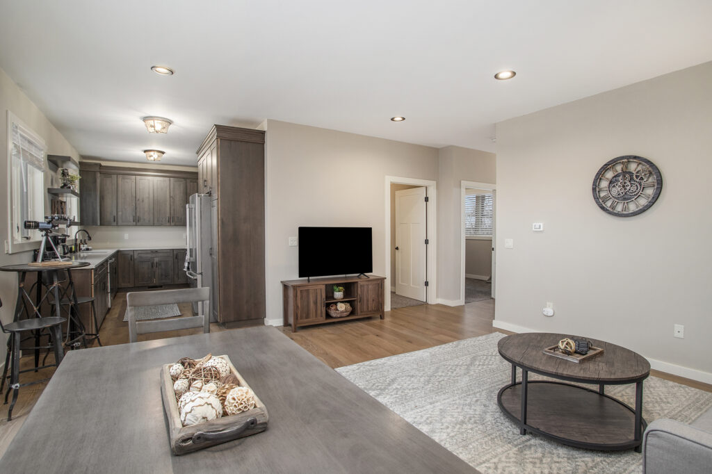 Modern open living room and kitchen interior