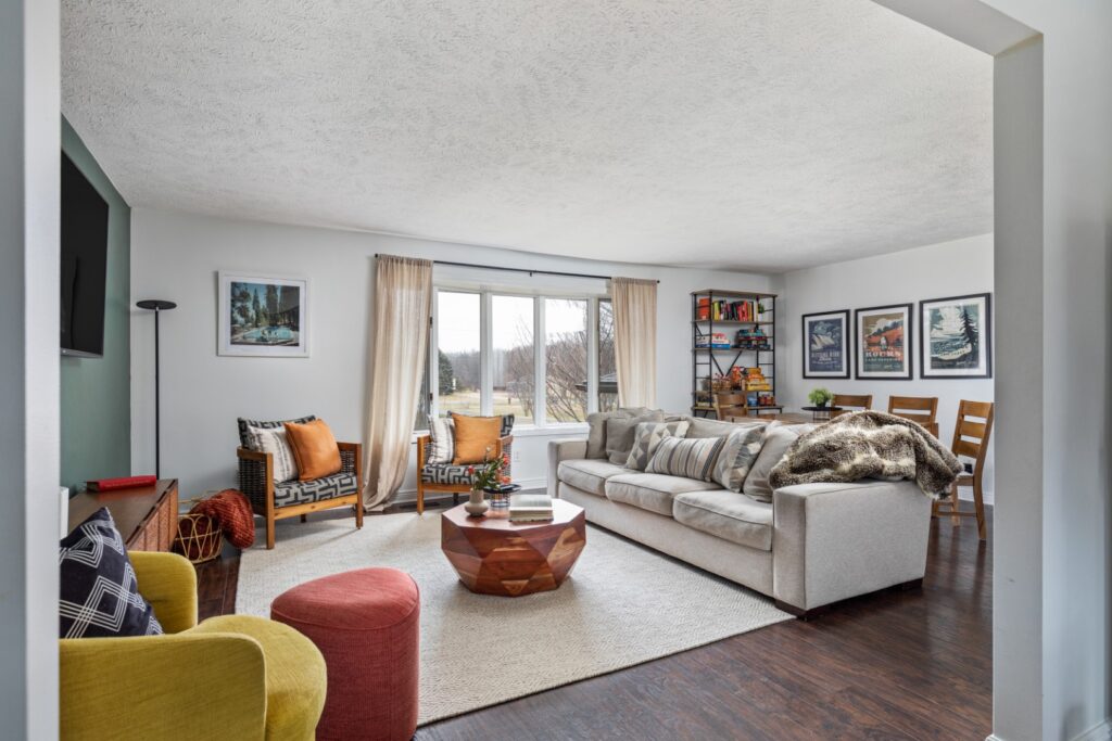 Modern living room with cozy furniture and decor