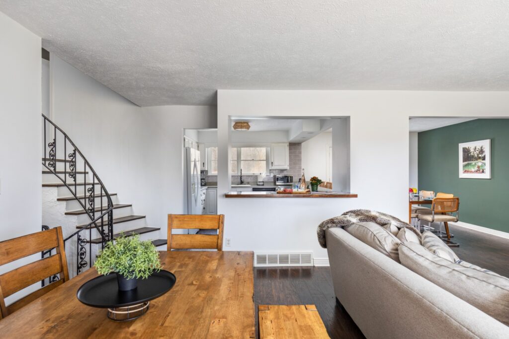 Modern open living room and kitchen interior