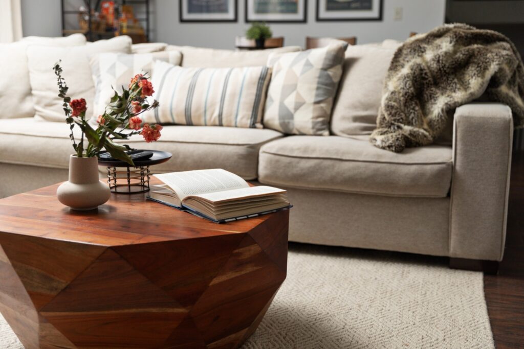 Cozy living room with sofa and coffee table