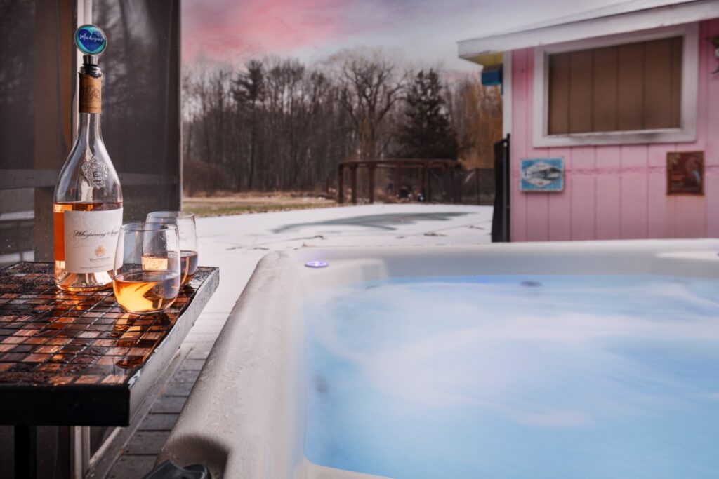 Hot tub with wine at sunset