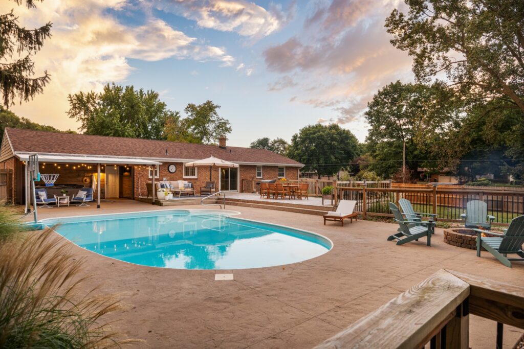 Backyard pool with patio and outdoor seating