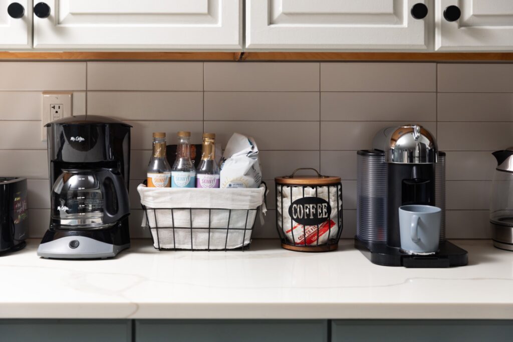Home coffee station with machines and supplies