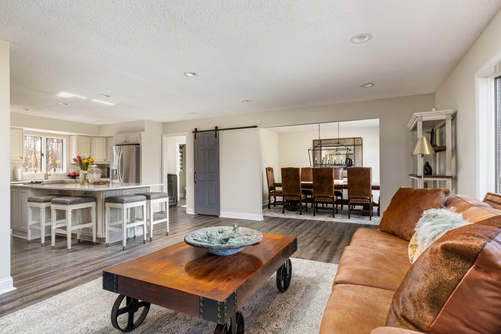 Modern open living room and kitchen interior design