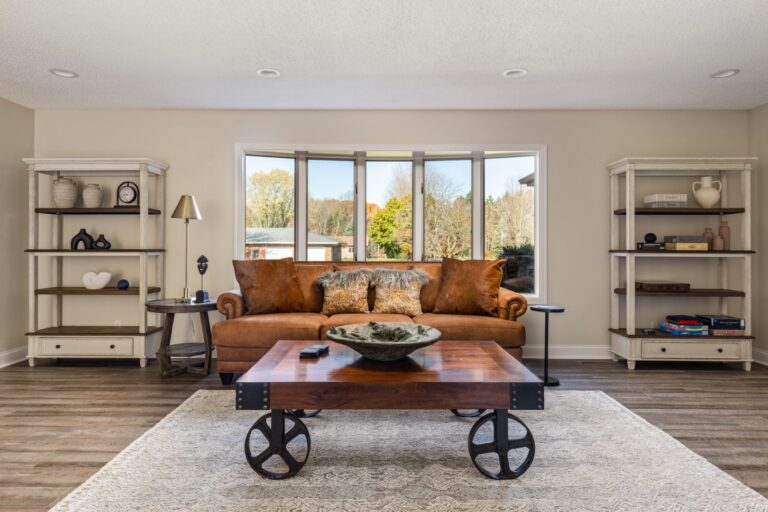Modern living room with brown leather sofa