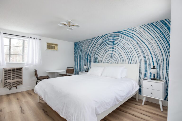 Modern bedroom with blue accent wall design