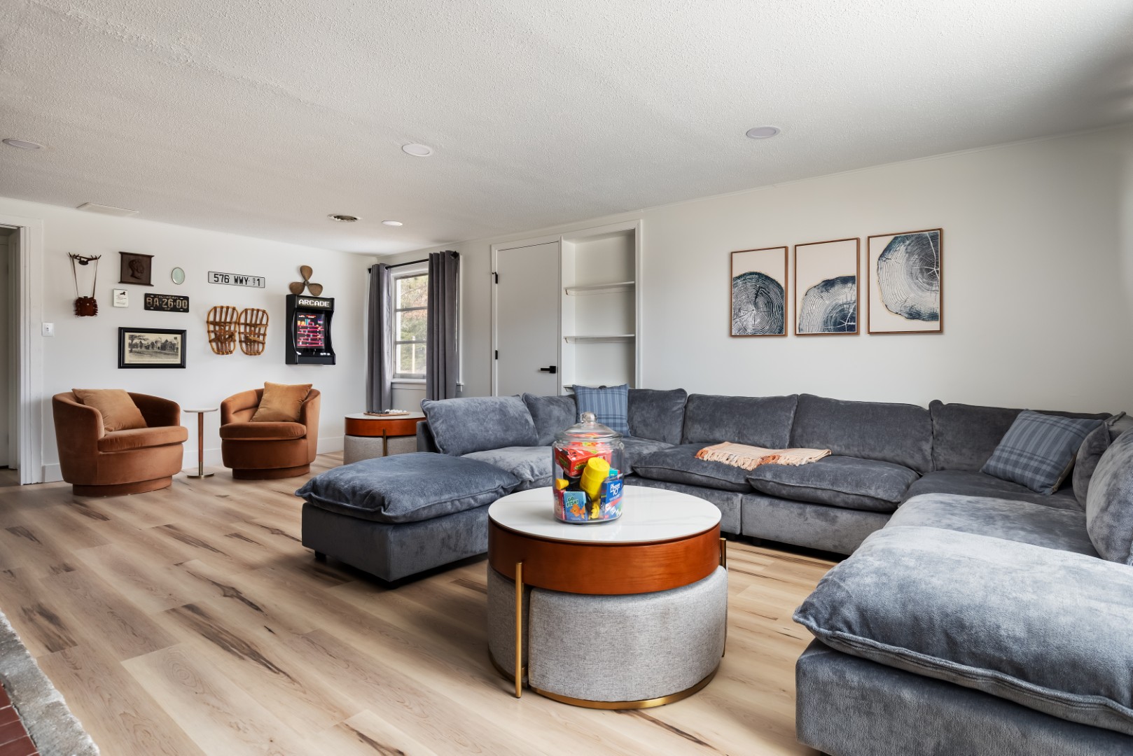 Modern living room with gray sectional sofa