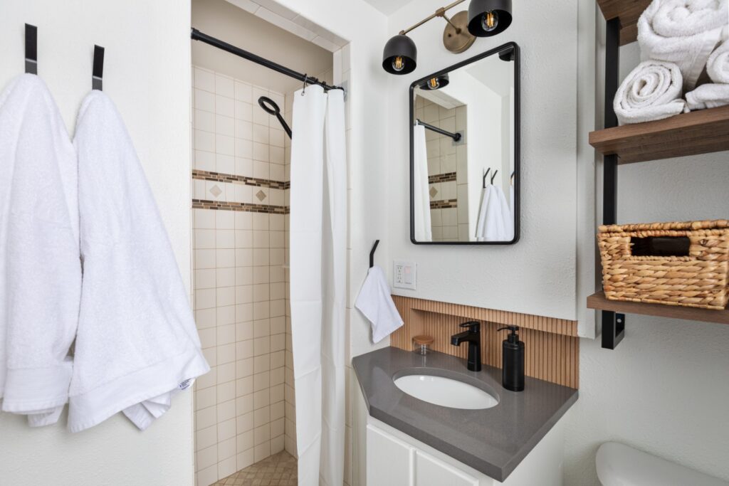 Modern bathroom with shower and vanity sink