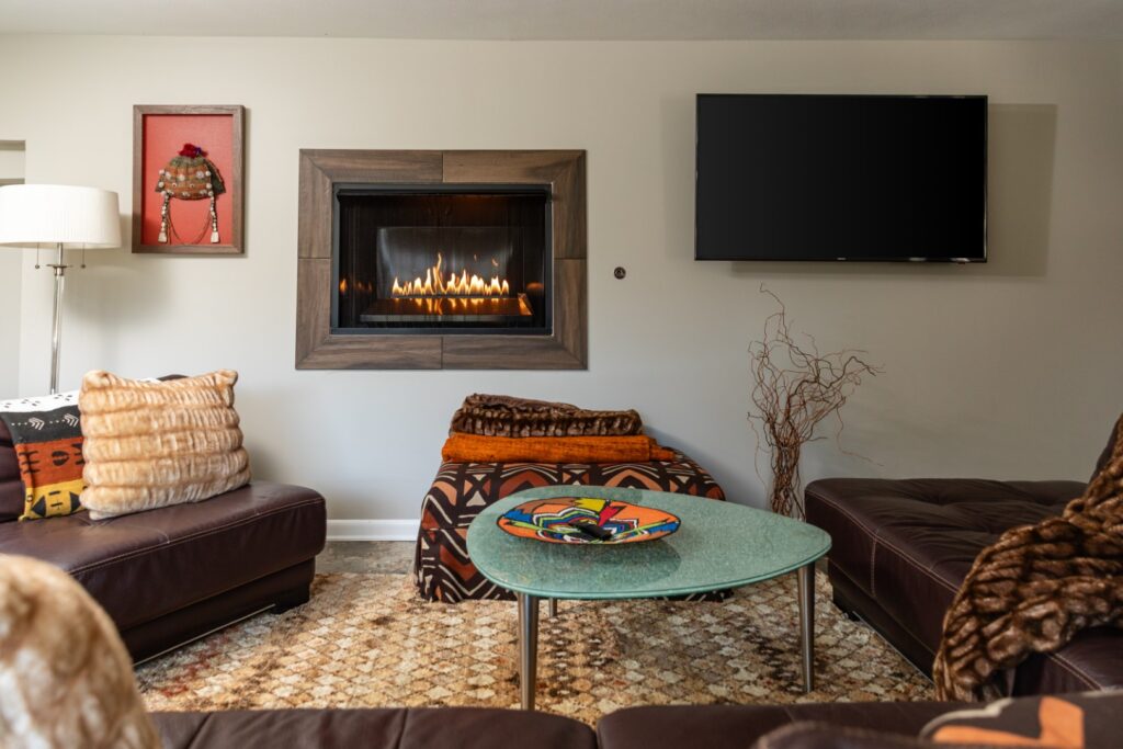 Cozy living room with fireplace and modern decor