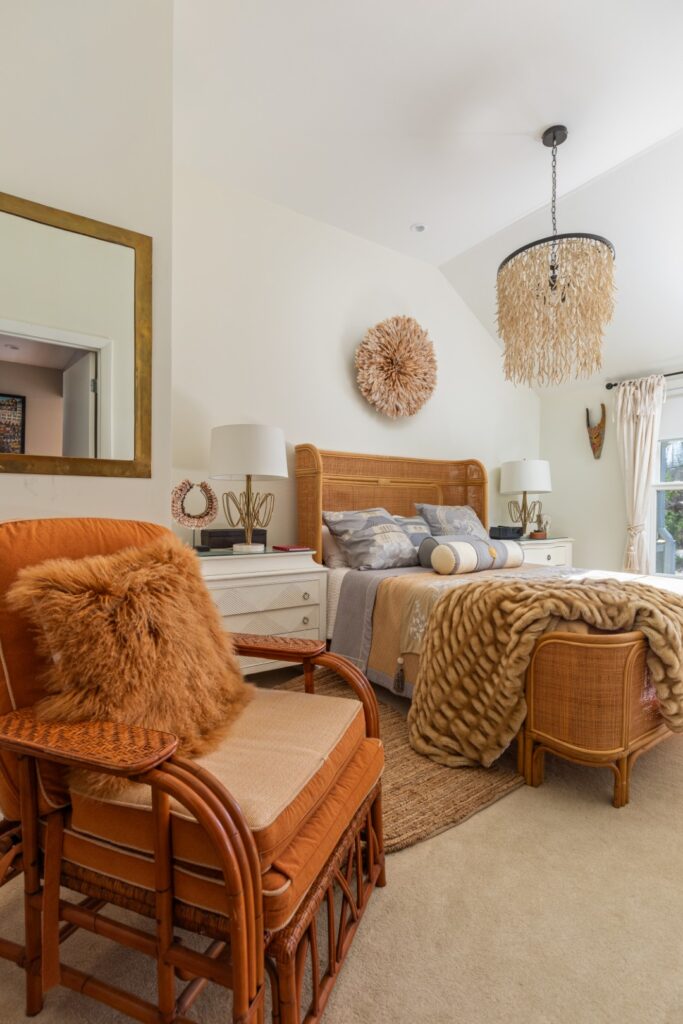 Cozy bedroom with rattan furniture and warm decor