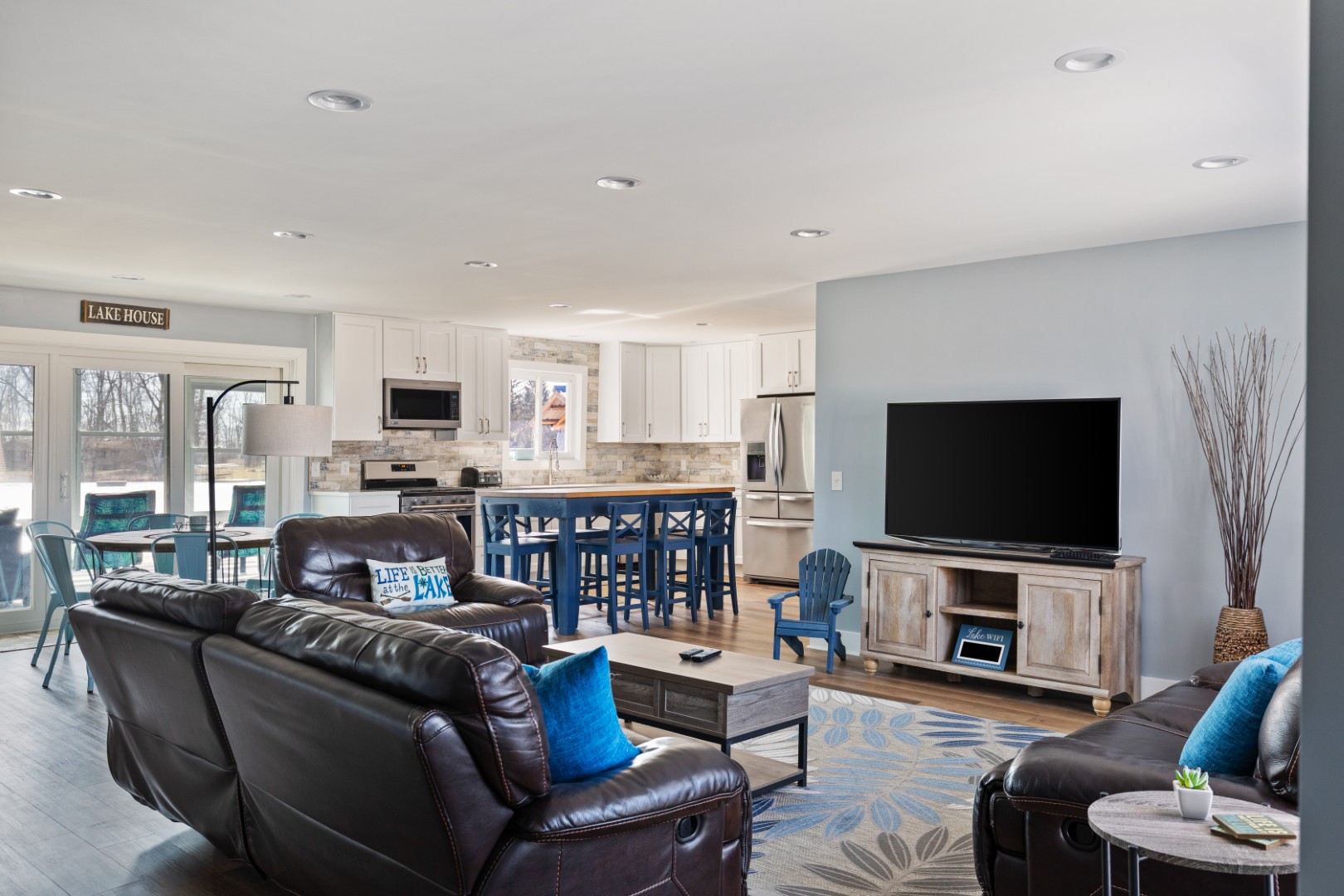 Modern open living room and kitchen interior