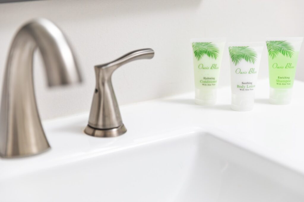 Bathroom sink with Oasis Bliss toiletries