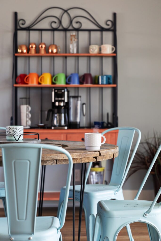 Cozy kitchen coffee station with colorful mugs