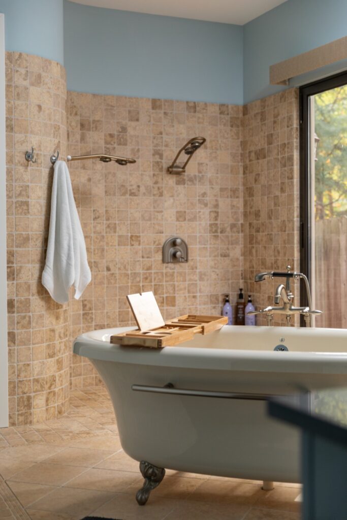 Modern bathroom with freestanding bathtub and tile walls