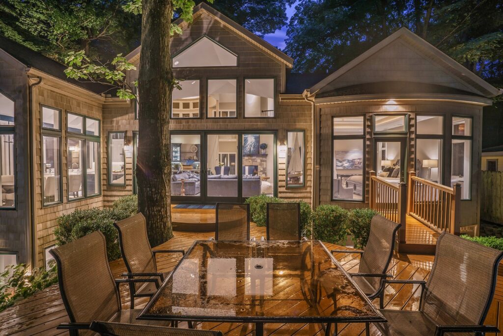 Modern house exterior with patio at night