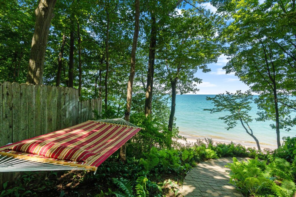 Hammock overlooking peaceful beach through forest trees