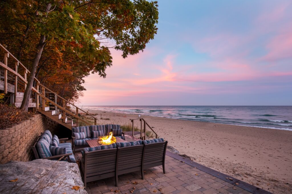 Beachfront fire pit with sunset view