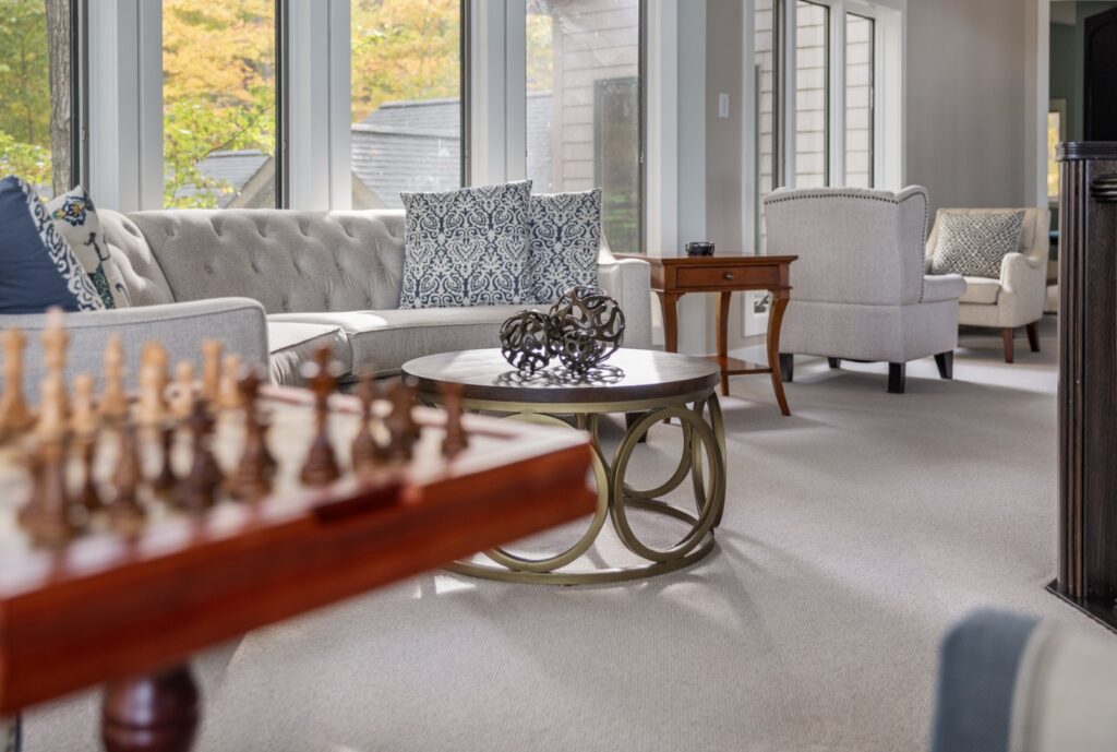 Modern living room with sofas and chess table