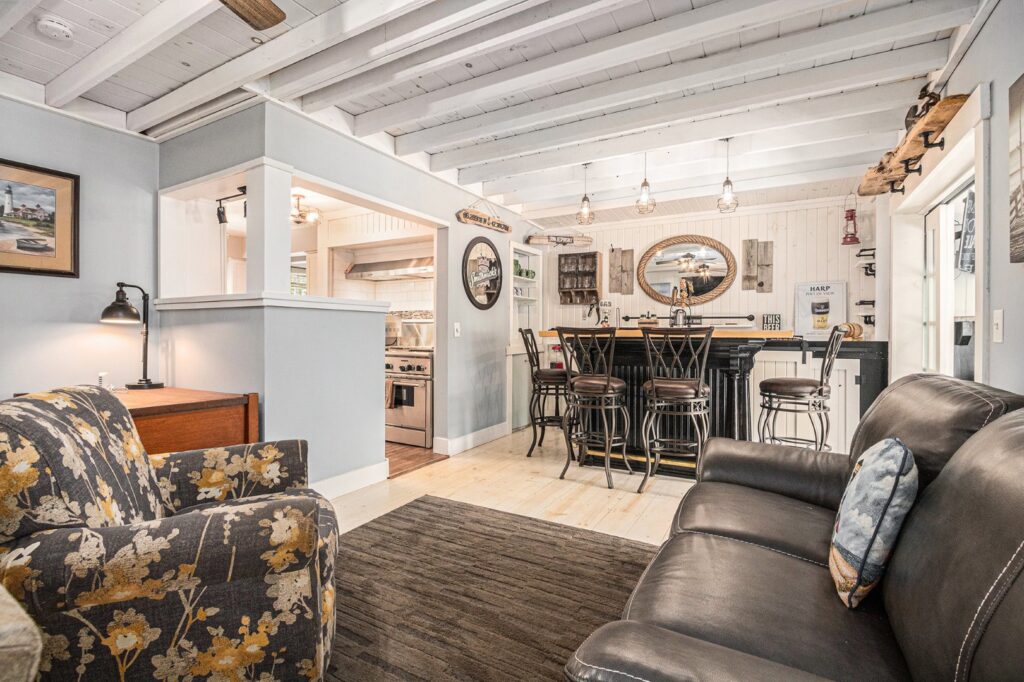Cozy living room with bar and rustic decor