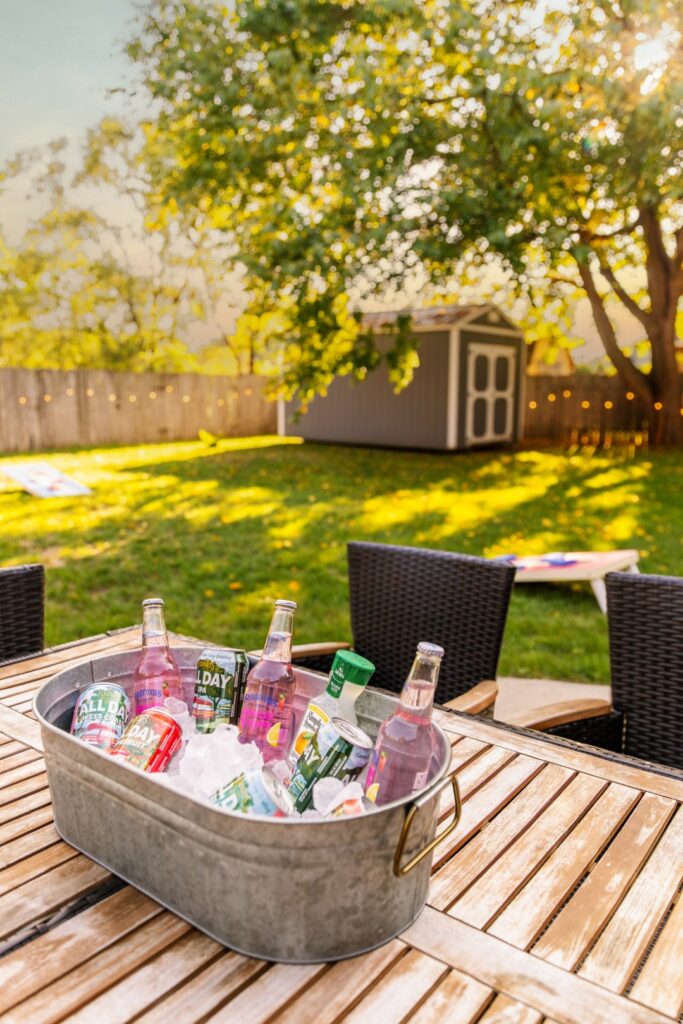 Drinks on ice in backyard patio setting
