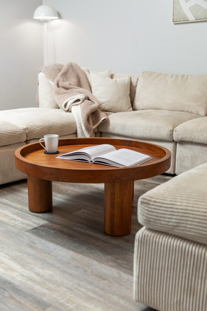 Cozy living room with sofa and wooden coffee table