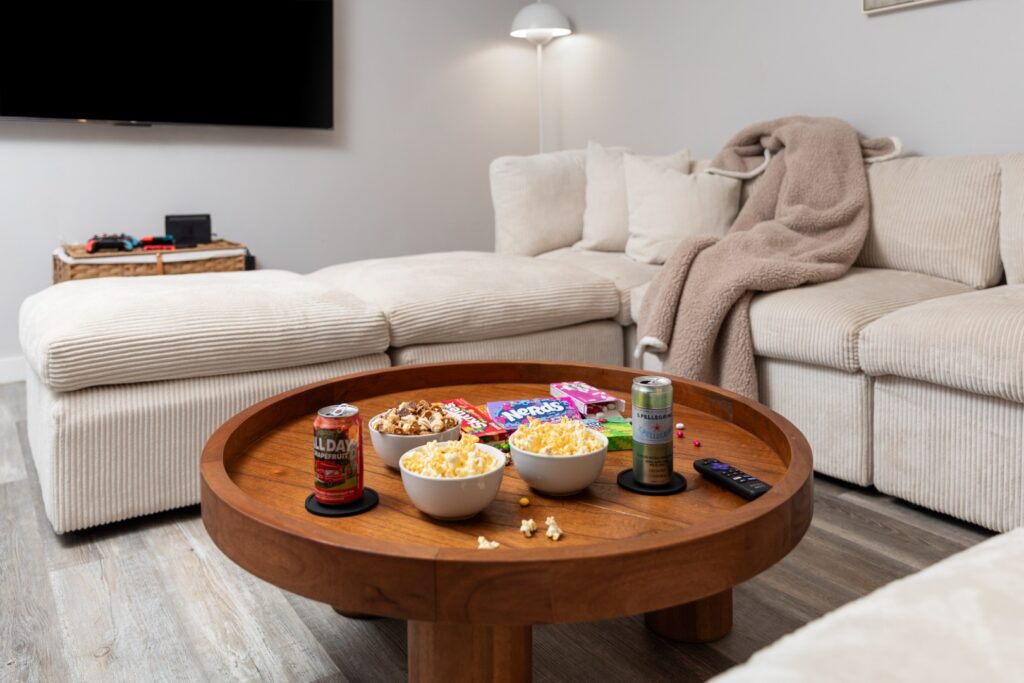 Cozy living room with snacks and drinks