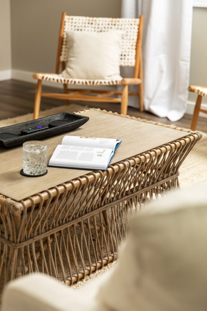 Cozy living room with rattan coffee table