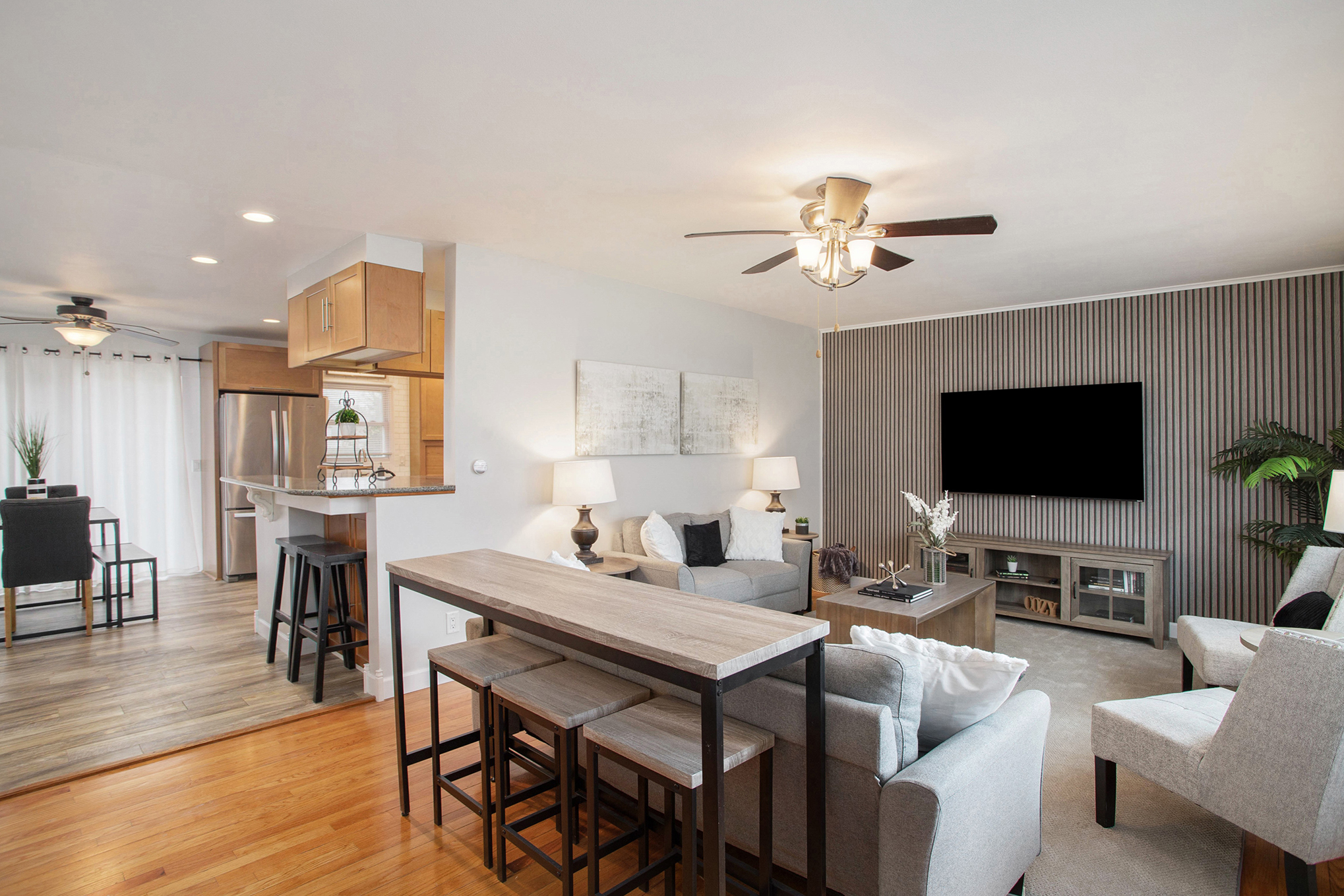 Modern open living room and kitchen interior