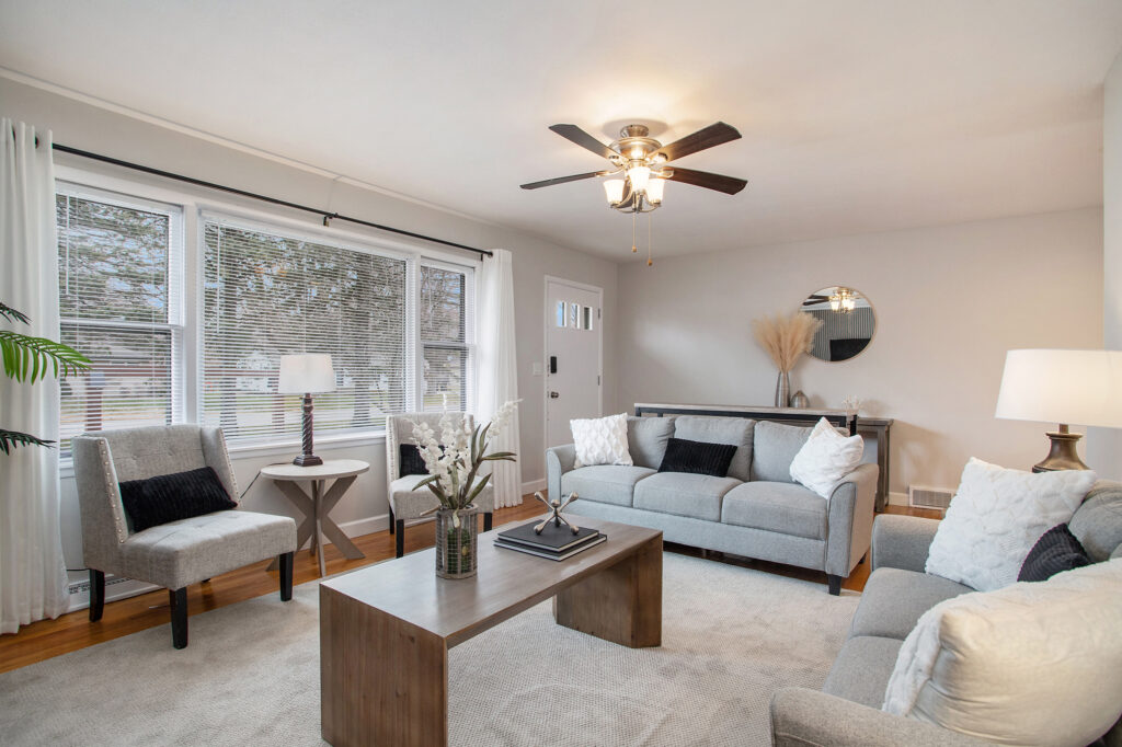 Modern living room with gray furniture and decor
