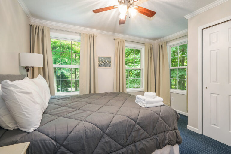Bright bedroom with gray bedding and large windows