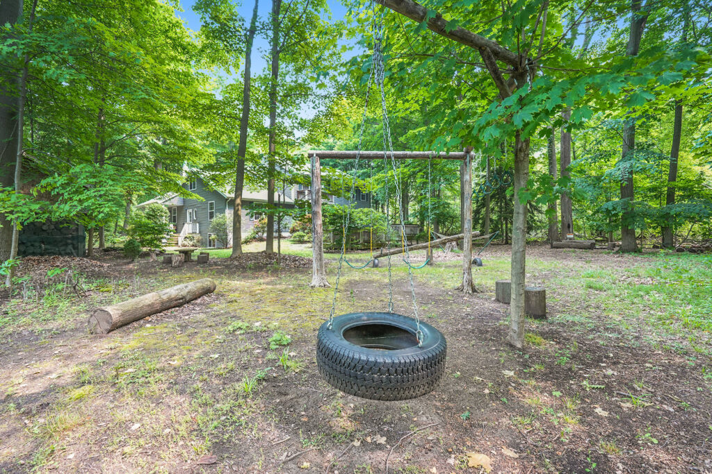 Backyard with tire swing and wooded trees