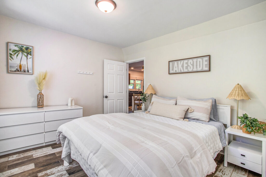 Cozy lakeside bedroom with modern decor