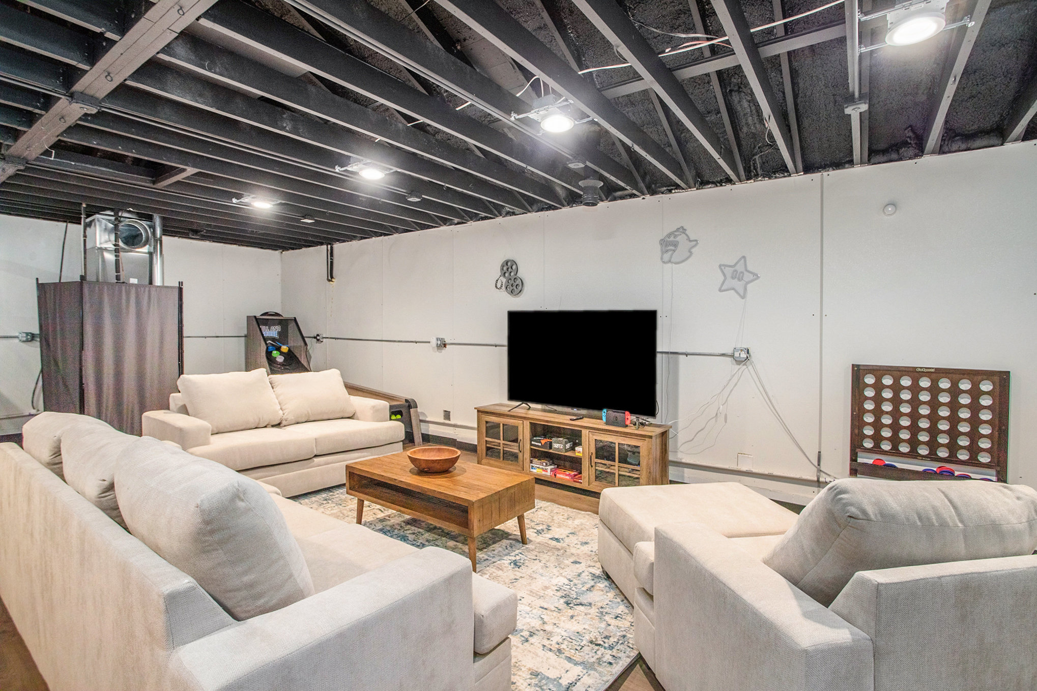 Cozy basement living room with TV and couches