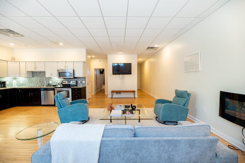 Modern open living room and kitchen interior