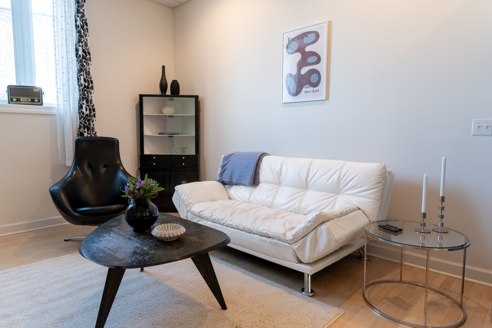 Modern living room with white sofa and black chair