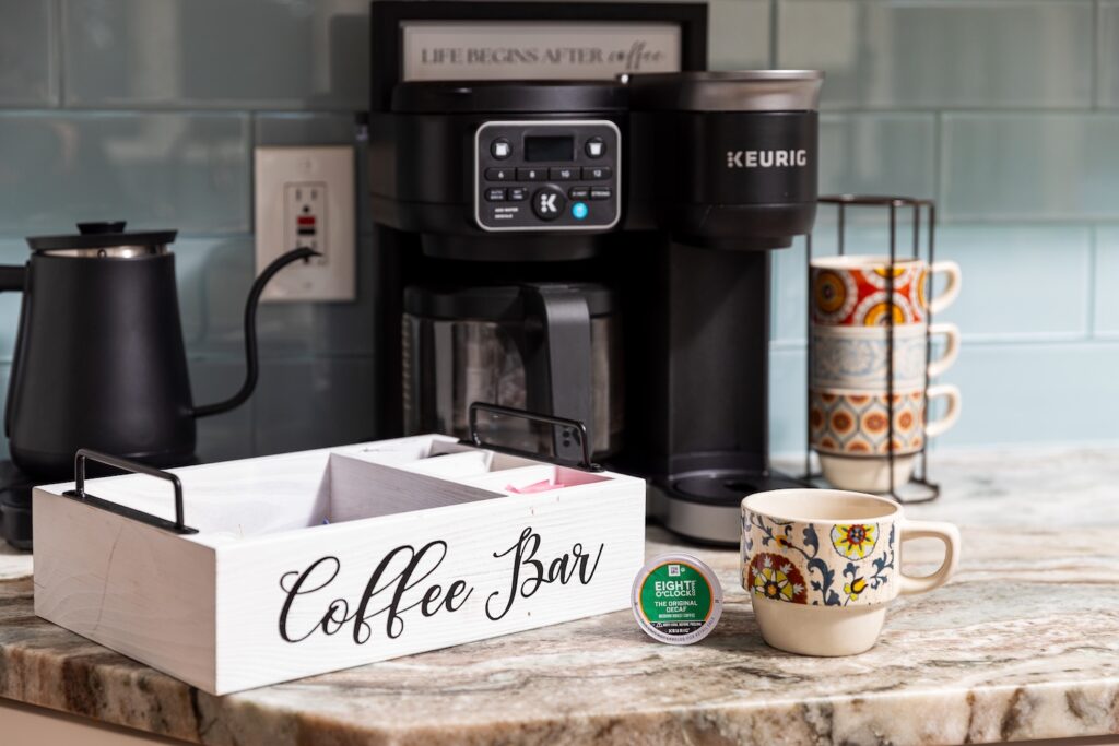 Home coffee bar setup with Keurig and mugs