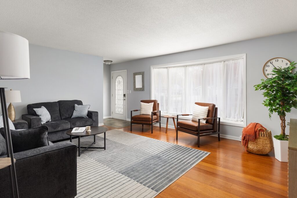 Modern living room with gray and brown furniture