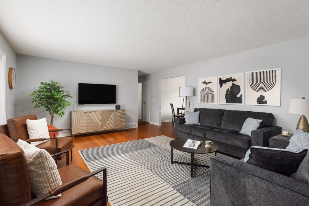 Modern living room with gray sofa and TV