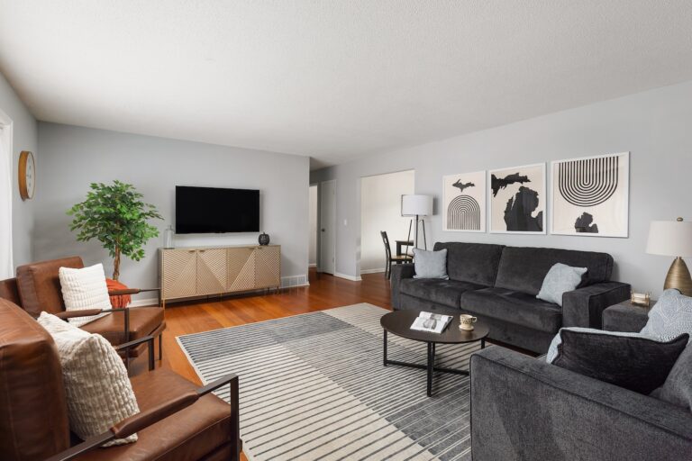 Modern living room with gray sofa and TV